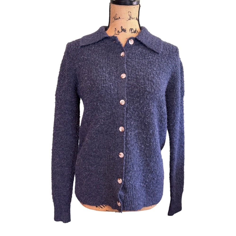 Central Park West Womens Preppy Cozy Comfy Warm Knit Collared Cardigan Blue XS